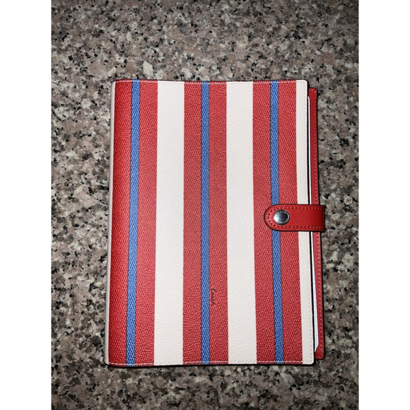 Coach Notebook with Stripe Print Silver Chalk Red Multi Smooth Leather New - Picture 1 of 6